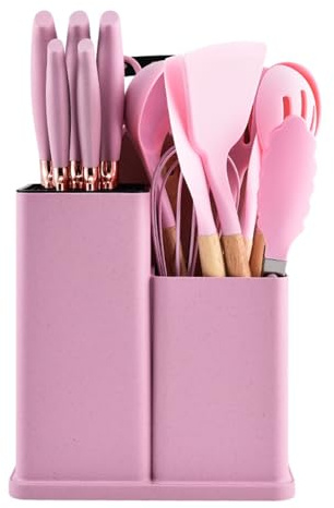 XUVLQCLJLV Kochutensilien Set Silikon Spülmaschinenfest Bpa Frei Kochgeschirr 19 Küchenhelfer Set Mit Holzgriff Beinhaltet: 9-teiliges Utensilienset Und 5-teiliges Kochmesser Aus Edelstahl, Pink