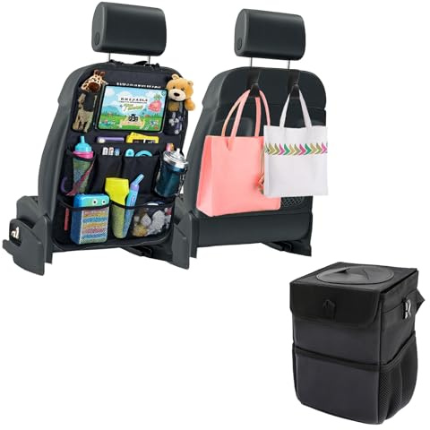 jdryhc Set of 3 Car Bin, Car Seat Organiser,hooks for Tidy Use, Foldable and Waterproof Car Accessories for Interior, Multipurpose Rubbish Bin with Lid, Adjustable Straps and Multiple Pockets