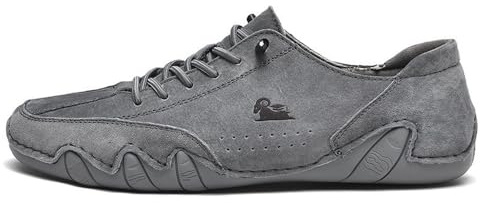 Men's Slip on Loafers Breathable Leather Shoes Fashion Lace up Boat Shoes Casual Flat Lightweight Sneakers with Rubber Soles (Gray,11 UK