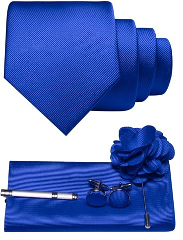 JEMYGINS Cravatta da Uomo in Twill con Design Monocromatico Incluso Quadretto per Tasche, Gemelli, Fermacravatta e Spilla a Fiore Set Regalo per Feste, Business, Matrimoni, blu, M