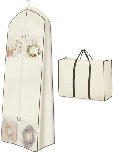 MISSLO Portable 70 Wedding Dress Garment Bag with Bride Tote Bag 8'' Gusseted Dress Bags for Gowns Long 4 Pockets Dress Cover for Women, Beige