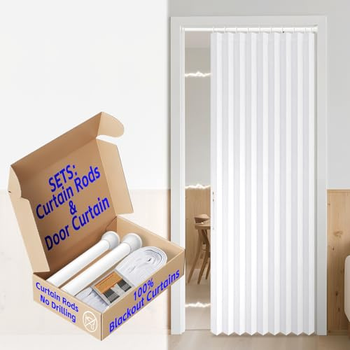 AJAZZ Magnetischer Türvorhang, 100% Verdunkelung, Akkordeon-Türvorhang für Terrassentür, Schlafzimmer, Wohnzimmer, Tür, 1 Packung, 112 cm B x 198 cm L, Weiß, mit Stange