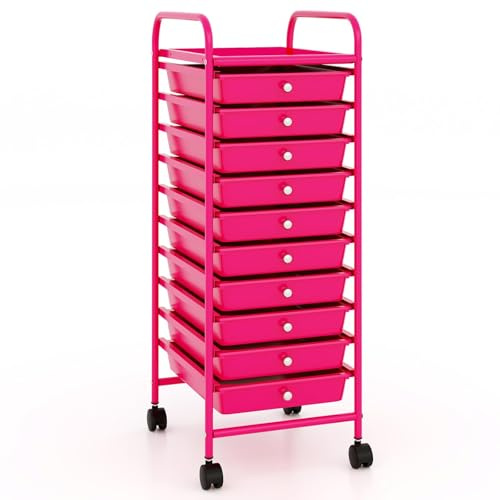 COSTWAY Rollwagen mit 10 stapelbaren Schubladen (Hot Pink) | Rollcontainer mit Metallgestell & abschließbaren Universalrollen, Badrollwagen Beistellwagen für Zuhause, Büro