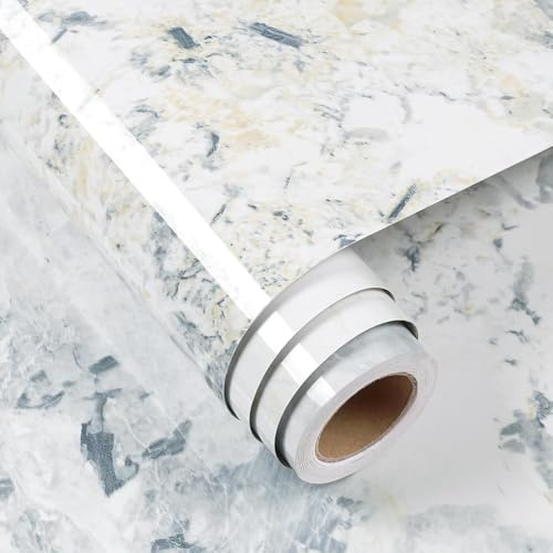FunStick Papel Adhesivo Marmol Cocina Vinilo Adhesivo Encimera Azul y Blanco Papel Pintado Autoadhesivo Muebles Marmol Vinilo Autoadhesivo Baño Pared Blanco Vinilos Encimera Cocina Mármol 30CMx5M