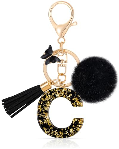 MWOOT Letter Keychain Initiale Buchstaben-Schlüsselanhänger,Alphabet Harz Kering Handtasche Geldbörse,Schwarz Keyring für Frauen
