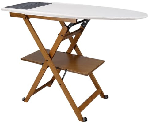 Planche à repasser en bois de hêtre refermable avec roulettes et étagère à linge - modèle Revi Made in Italy (Tabac)