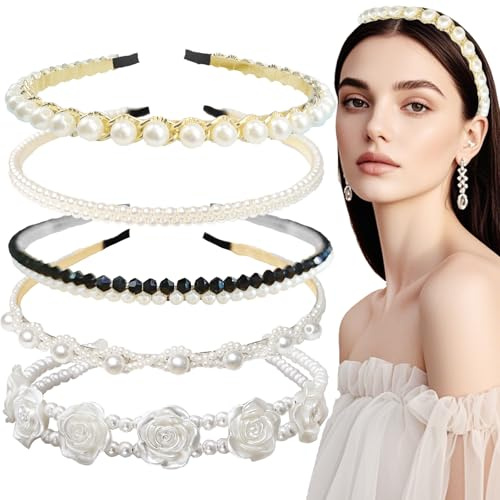AUNGKWANG 5 Stück Perlen Haarreifen Set, Perlenstirnband für Damen Mädchen, Perlen Haarreif, Perlens Braut Haarbänder, für Hochzeit Party Valentinstag Dirndl Haarreif Oktoberfest Zubehör