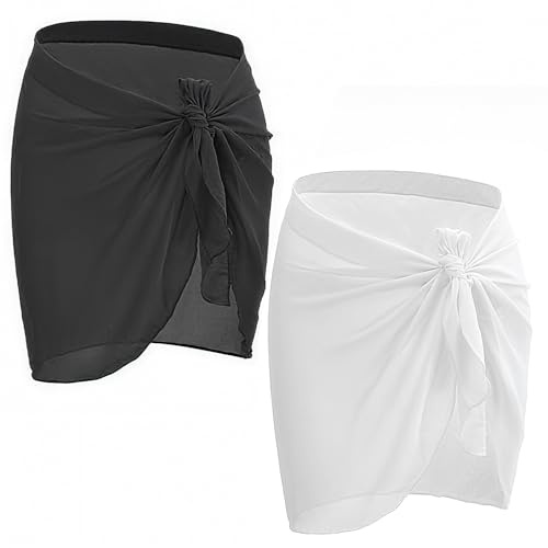 JSMTKJ Damen Strand Wrap Sarong, 2 Stück Vertuschung Chiffon Badeanzug Kurz, Bikini Cover up Sexy Strand Wickelrock Sarong Pareo für Strand Urlaub Strandkleid (Schwarz & Weiß)