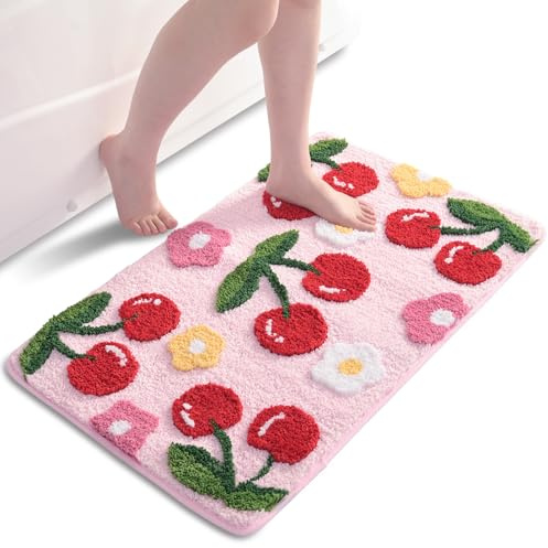 QJHOMO Pink Bath Mat Non Slip Bathroom Mats 45 x 65 cm, Cute Cherry Bathroom Accessories Flower Floor Mat, Thick Soft Microfiber Bathmat Machine Washable Bath Rug Absorbent Carpet for Bedroom