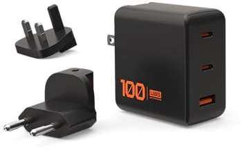 URBAN ARMOR GEAR UAG SRG 100W GaN 3-Port Wall Charger with Universal Plug - USB USB-C Multiport Foldable Compact PD Quick Charging Power Adapter for Laptop, Smartphone & Tablet, Black