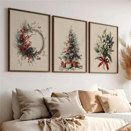 Herfair Weihnachtsbilder, Weihnachten Deko Poster 3er Set Weihnachtsbaum Kranz Wandbilder Wohnzimmer Wanddeko, Ohne Rahmen Leinwand Bilder (21 x 30 cm)