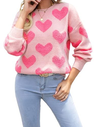 Cusghjbsg Women's Valentine's Day Sweater Loose Heart Pattern Long Sleeve Round Neck Knitwear Warm Fall Winter Knit Pullover Tops (Pink A, L)