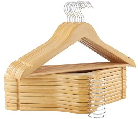 Hangerman Kleiderbügel Holz 20er Set, Massivholz Kleiderbügel mit rutschfestem Hosensteg, Einkerbungen und 360° drehbarem Haken, für Anzüge, Hemden, Natur