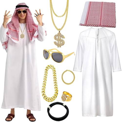 Scheich Kostüm Herren - Verkleidung Cosplay Zubehör | Naher Osten Outfit Herren - für Kostüm Verkleidung Naher Osten Halloween Weihnachten Karneval Party