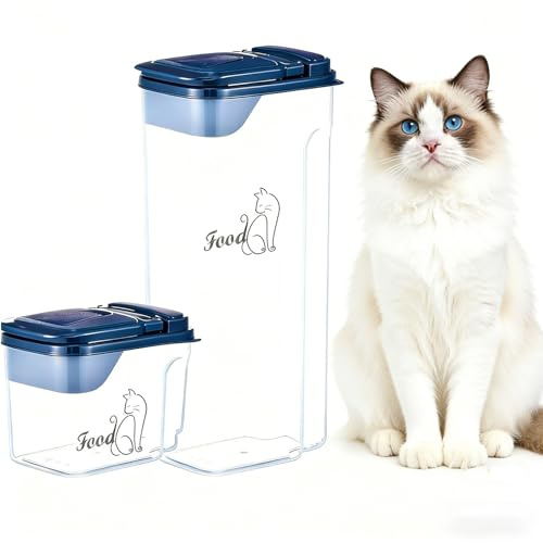 Almacenamiento de comida para gatos 4 L + 1,5 L – Caja de comida transparente hermética para gatos como práctico contenedor de comida con boquilla y vaso medidor, ideal para alimentos secos de gatos y