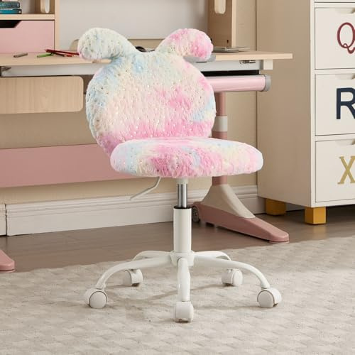 Ya-Home Kids Desk Chair Faux Fur Swivel Adjustable Height Study Task Chair with Cute Bunny Ears for Kids/Teens, Pink