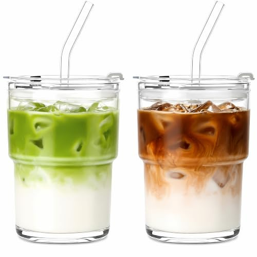 ALINK 2er Glasbecher 450 ml mit Deckel & Strohhalm für Matcha und Eiskaffee | Für Smoothies, Kaffee, Saft und Kaltgetränke – Ideal für Büro, Reise, Unterwegs und den Täglichen Gebrauch