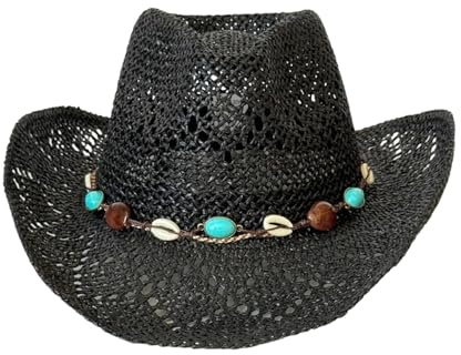 FeMereina Women Straw Cowgirl Hat Western Bead Belted Sun Protection Holiday Beach Hiking Cap