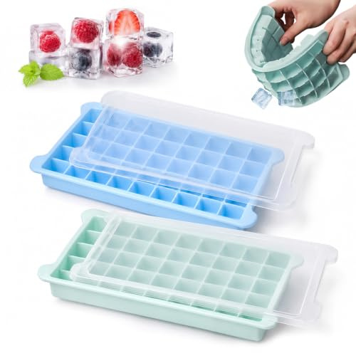 KADFEL Set di 2 Stampi per Ghiaccio in Silicone con Coperchio, Senza BPA, Impilabili e Sigillati, per Whisky, Cocktail e Bevande Fredde, Blu e Verde