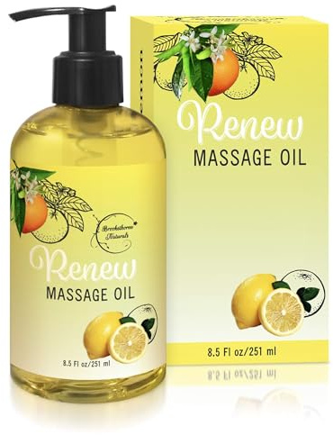 Renew Massage Oil with Orange, Lemon & Peppermint Essential Oils - Great for Massage Therapy or Home use. Ideal for Full Body – with Almond, Grapeseed & Jojoba – by Brookethorne Naturals