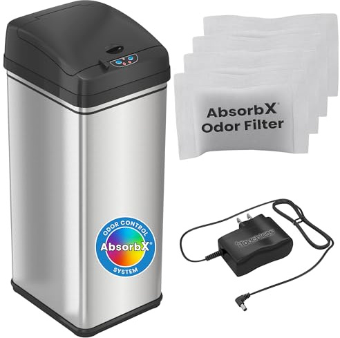 iTouchless Automatic Trash Can with AC Adapter and 4 Odor Filters, Big Lid Opening Touchless Sensor Kitchen Trash Bin, 13 Gallon, Stainless Steel