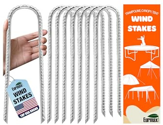Eurmax USA 12 Windproof Trampoline Stakes,Rust-Proof Galvanized Steel U-Shape Ground Anchor,Commercial Tent Stakes for High Winds,Secure Anti-Flip Tie Down for Soccer Goals,Swing Sets,Fences&Playsets