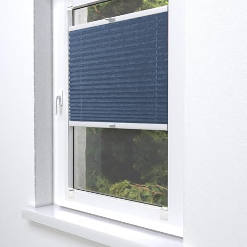 Home-Vision® Plissee Faltrollo ohne Bohren zum Kleben, Innenrahmen, Kollektion Melange Leinenoptik Blickdicht Sonnenschutz Jalousie für Fenster & Tür (Marineblau,B100cm x H100cm)