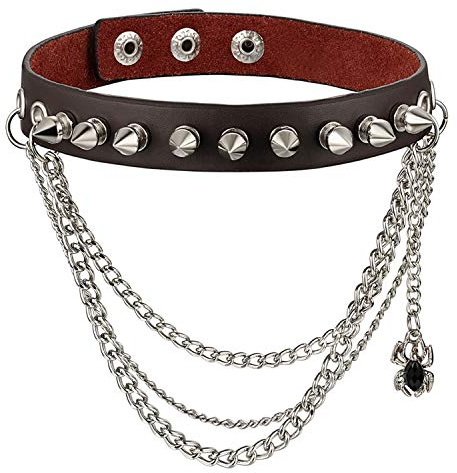 Flongo Choker Tattoo Kette Lederhalsband Damen Herren Halskette Gotik Halsband Schmuck Schwarz Braun Rot Gold Silber mit Spitz Niete Nieten Einstellbar Punk Rock