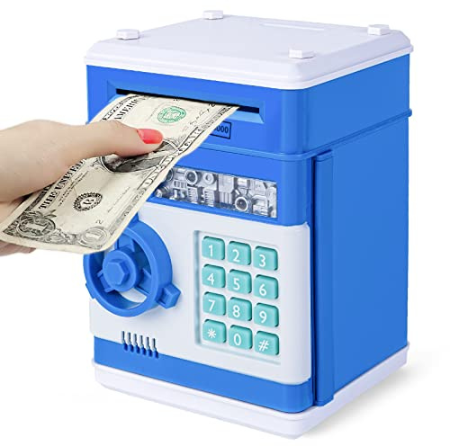 Thedttoy Elektronische Spardosen Scheine Digitaler Sparschwein für Jungen | Mädchen Kinder Tresor Große Geldmünzbanken mit Passwortschutz,Weihnachts Kindertag Geschenk für 4-11 Jahren Kinder (Blau)