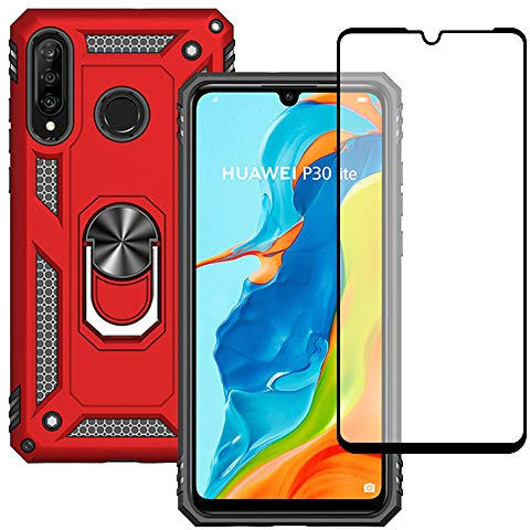 Yiakeng Hülle für Huawei P30 Lite Handyhülle, mit Schutzfolie, Stoßfest Schutzhülle Mit Ring Standfunktion Case Cover für Huawei P30 Lite (Rot)