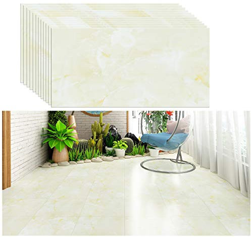 VEELIKE 60cm x 30cm 12 Stück Fliesenaufkleber Marmor Hellgelb PVC Bodenbelag Selbstklebend Vinylboden Fliesenoptik Bodenfliesen Überkleben Klebefliesen Bad Boden Esszimmer Küche Wasserfest Abnehmbar