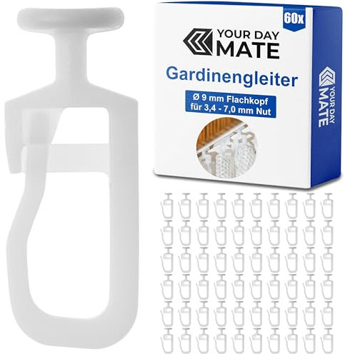 Gardinengleiter für Innenlaufschienen, 60 Stück, mit Ø 9 mm Flachkopf, in Weiß, Faltengleiter für Vorhangschiene, Gardinenschiene, Vorhang Rollgleiter Kräuselband Haken, Gardine Gleiter Schiene System