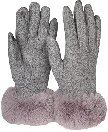 styleBREAKER Damen Touchscreen Handschuhe Einfarbig mit Kunstfell Besatz, warme Fingerhandschuhe, Winter 09010038, Farbe:Grau