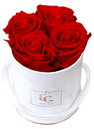 Classic Infinity Rosenbox | Round | XS | Marble Rosegold - 4 Infinity Rosen mit langjähriger Haltbarkeit, echte Rosen die bis zu 3 Jahre blühen, Emmie Gray Flowerbox, konservierte Rosen (Vibrant Red)