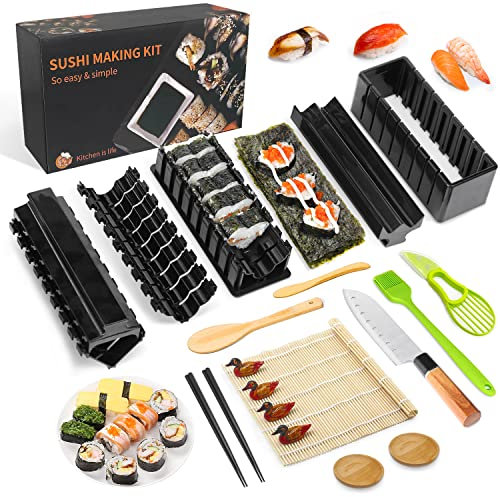 MLRYH Kit para Hacer Sushi, Kit Sushi para Principiantes con Alfombrilla de Sushi, Palillos, Rebanador de Aguacate, Paleta, Esparcidor, Cuchillo, Soporte para Palillos, Platos, Cepillo (21 Piezas)