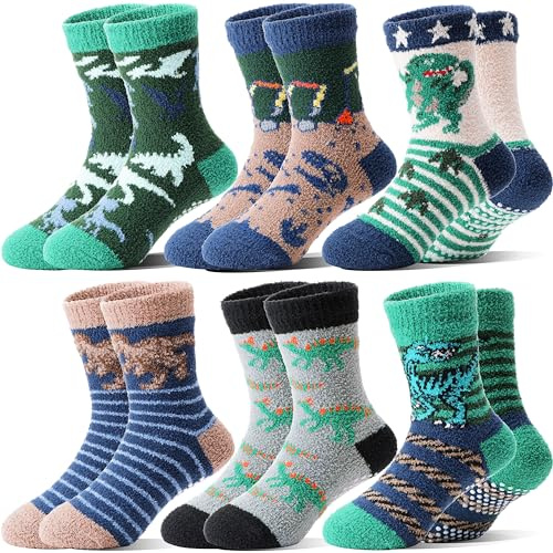 Welwoos Stoppersocken Kinder Kuschelsocken Jungen Dicke Socken Warme Anti Rutsch Wintersocken Flauschige Bettsocken Geschenke Haussocken 6 Paare(Dinosaurier,26-29)