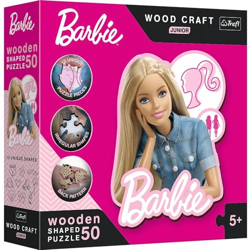 Trefl – Konturenpuzzle aus Holz: Barbie, Schöne Barbie – 50 Elemente, Wood Craft Junior, Unregelmäßige Formen, 10 Figuren, Modernes Puzzlespiel, Spiel für Kinder ab 5 Jahren