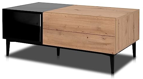KHG Couchtisch mit 2 Fächern & 1 Schubladen modern, Schublade, für Wohnraum | Wohnzimmer-Tisch aus Holzwerkstoff Holzoptik lackiert, Gestell & Akzente in schwarz, 120x50x38 cm (B/H/T)
