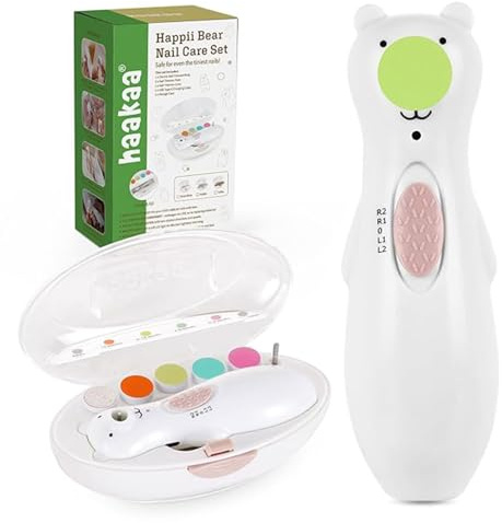 Haakaa HAPPII BEAR Wiederaufladbarer Nagelschneider Set - Elektrischer Baby Nagelschneider - Baby Nagelknipser/Baby Nagelfeile - Flüsterleise & LED-Leuchten