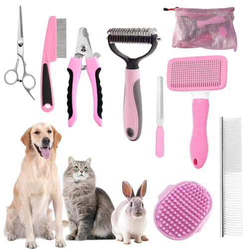Dog Brush for Grooming,9 PCS in One Pet Slicker Hair Brush Kit with Pet Nail Clipper and File - Dog Cat Grooming Deshedding Undercoat Rake Brush Comb for All Small Large Dogs Cats Pink