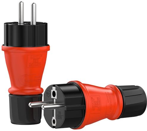 RedStar24 Enchufe Schuko 230V IP54 Set de 2 Conectores de protección robustos de goma y plástico, negro rojo / Diseño herméticamente sellado | Perfecto para exteriores | Conector eléctrico de 3 polos