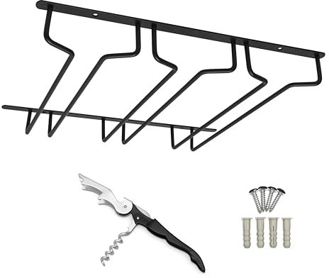 Birdtown Traders 3-Row Wine Glass Rack-Under Shelf Hanging Stemware Holder Storage for 9-12 Glasses Black Metal Organiser for Kitchen and Bar with Hardware to Mount Under Cabinet & Bonus Corkscrew