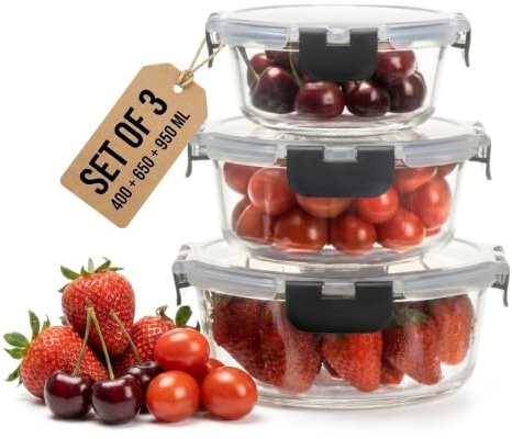 HOUSZY Stackable Round Glass Containers Set of 3 with Airtight Snap Lids | Borosilicate, non-toxic, microwave, oven and dishwasher safe. Meal prep food storage boxes.