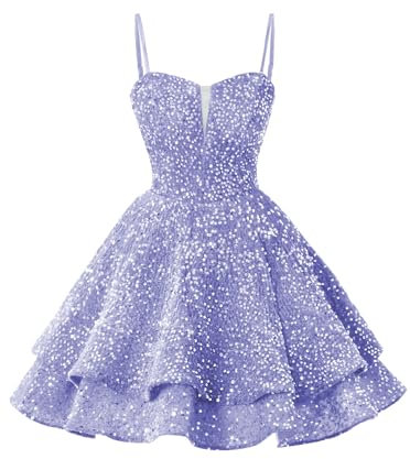 Robe de bal à paillettes pour adolescentes, col en V, robe de bal, robe de cocktail courte à volants, lilas, 46