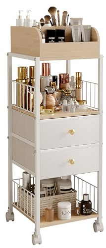 Floor Makeup Organizer Storage Cart - Rolling Makeup Cart with Drawers, Skincare Make Up Organizers and Storage, Cosmetics Display Cases Holder for Skin Care Nail Polish Perfume Makeup Brush (White)