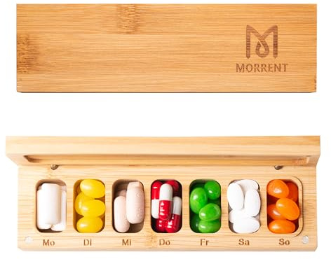 Tablettenbox 7 Tage, Pillendose mit verbessertem offenem Design, Medikamentenbox Deutsch, Holz tragbarer Pillenbox für Medikamente, Vitamine, Fischöl, Nahrungsergänzungsmittel
