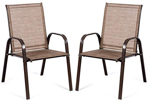 GOPLUS Gartenstühle 2er Set, Bistrostuhl mit Rückenlehne & Armlehne, Balkonstuhl aus Metall bis 200 kg belastbar, Essstuhl Outdoor für Garten Terrassen Balkon Pool (Braun)