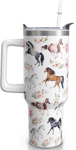 qoepfnsh 30 oz Horse Tumbler with Handle and Straw, Floral Stainless Steel Vacuum Insulated Travel Coffee Mug Cup Water Bottle, Horses Stuff Accessories Decor Gifts for Women Girls