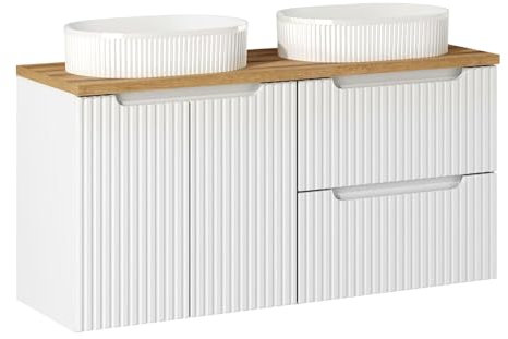 Lomadox Badezimmer Doppelwaschtisch 120cm mit Keramikwaschbecken, weiß und Eiche mit gerillter Front