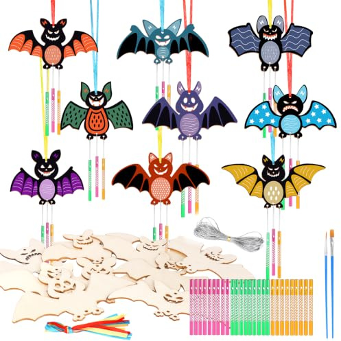 SRIZIAN 9 Stück Halloween Windspiel Bastelset Kinder, Halloween Fledermaus Holz Basteln Windspiele für Kinder Mädchen Junge Party Dekoration DIY Kinderspielzeug